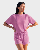 Short Sleeve Twisted Shirt & Shorts Set with Pockets Ribbed Casual Pajama Lounge Set
