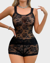 2 Pcs Women's Sheer Lace Camisole & Boyshorts Set Basic Polyester Lingerie