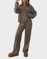 Striped Casual Pajama Set V Neck Drop Shoulder Tee & Elastic Pants Lounge Set