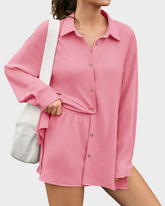 2 in 1 Gauze Button Shirt & Attachable Shorts Set Oversized Beach Cover Up