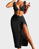 Wireless Ruffle Tie Back Bikini Set with Drawstring Cover Up Skirt