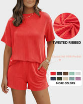 Twisted Short Sleeve Shirt & Shorts Set with Pockets Ribbed Lounge Pajama Set