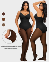 Sheer Panel Fleece Lined Tights Warm Tummy Control Bodysuit