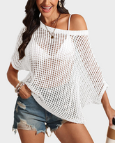 Scoop Neck Short Sleeve Crochet Hollow Out Knit Pullover Top Beach Coverup