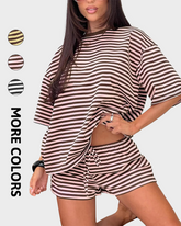 Striped Oversized T Shirt & Drawstring Shorts Soft Casual Knit Lounge 2 Piece Set