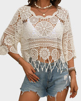 Women's Plain Fringe Trim Cut Out Sheer Cover Up