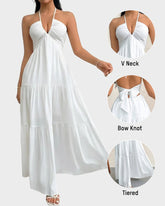 Women's Halter Deep V Neck Tie Knot Backless Maxi Dress – A-Line Flowy Ruffle