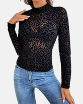 Leopard Print Mock Neck Sexy Sheer Mesh Top