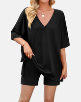 V Neck Oversized Shirt & Biker Shorts 2 Piece Lounge Set