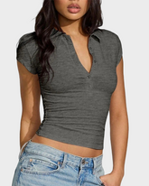 V Neck Short Sleeve Button Front Slim Fit Comfortable Stylish Casual Polo Shirt