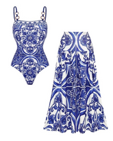 Sling Classic Majolica Series Pattern Print One Piece Swimsuit and Skirt or Shorts