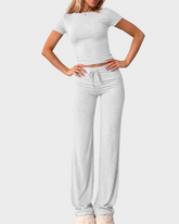 2 Piece Crop Tee & Drawstring Pants Set Round Neck Comfy Lounge Sleepwear