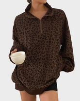 Leopard Print Oversized Half Zip Drop Shoulder Long Sleeve Casual Streetwear Top