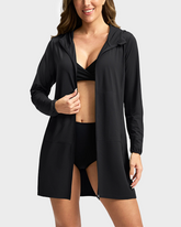 Women's UPF 50+ Crochet Hooded Long Beach Cover Up Bikini Jacket Lightweight
