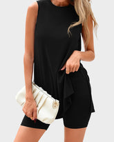 Sleeveless Crewneck 2 Piece Shorts Set Split Hem Casual Basic Fitted Homewear