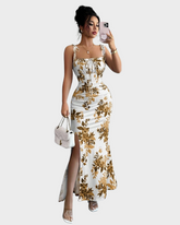 Fine Strap Bow Waist Floral Ruched Hem Slit Fitted Casual Slimming Elegant Dress