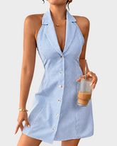 Striped Halter Short Dress Deep V Neck Single Button A Line Skirt