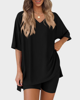 V Neck Oversized Shirt & Biker Shorts 2 Piece Lounge Set