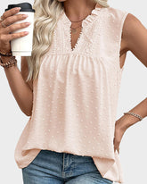Loose Lace V Neck Swiss Dot Smocked Sleeveless Casual Tank Top