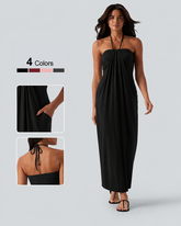 Strapless Halter Neck Sexy Backless with Pockets Tie Back Maxi Dress