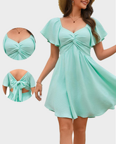 Sweetheart Knot Front Flutter Sleeve Tie Back A Line Floral Mini Dress