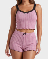 Women's Spaghetti Strap Striped Pajama Set & Ribbed Lace Trim Cami Shorts Set