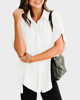V Neck Batwing Short Sleeve Button Down Oversized Minimalist Blouse