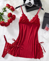 Bow Lace Cami Nightdress & Thong Set Soft Sexy Sleepwear Loungewear