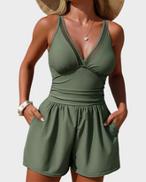 Mesh Trim Romper Style Tankini Swim Dress with Pockets Modest Beach Swimwear
