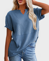 Waffle Knit V Neck Short Sleeve Tunic Soft Solid Minimalist Basic Plus Size Daily Top