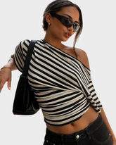 Asymmetrical One Shoulder Striped Asymmetrical Short Sleeve Top