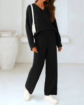 Soft Fuzzy V-Neck Sweater Pajama Set - 2-Piece Loungewear