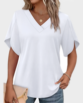Women's Summer V Neck Short Petal Sleeve Blouse Casual Fashion Top