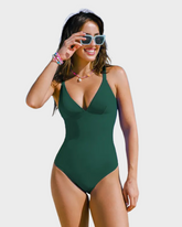 Plunging V Neck Tummy Control One Piece Swimsuit Adjustable Lace Up Back