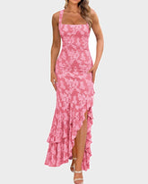 Floral Ruched Bodycon Mermaid Dress Square Neck Formal Wedding Guest Gown