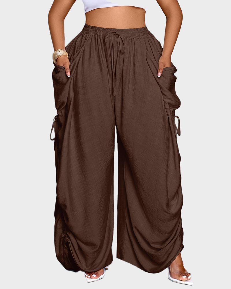 Women's Loose Fit Wide Leg Drawstring Pants Woven Plain