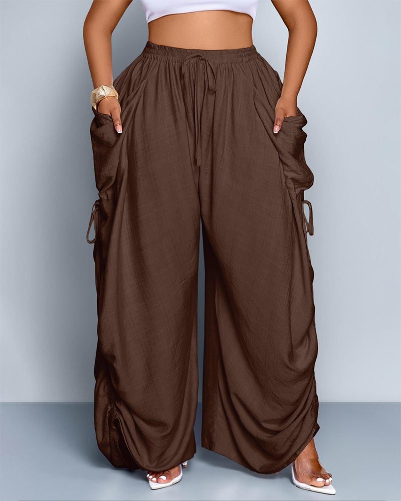 Women's Loose Fit Wide Leg Drawstring Pants Woven Plain