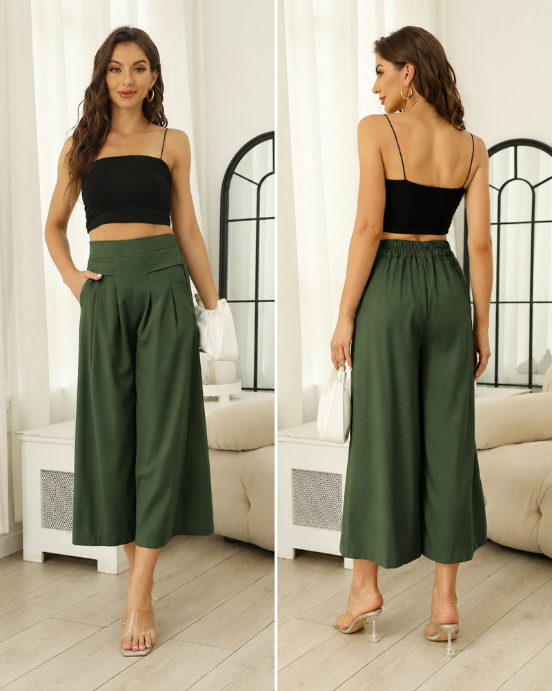 Cotton Linen Elastic Waist Wide Leg Culottes for Women with Pockets Capri Palazzo Pants
