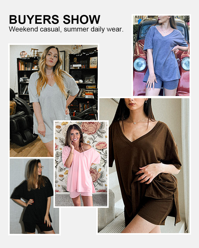 V Neck Oversized Shirt & Biker Shorts 2 Piece Lounge Set