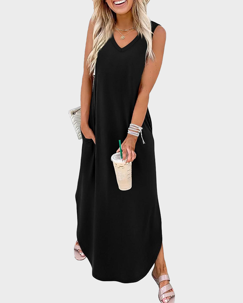 Summer Casual Floral Maxi Dress Vacation Beach Sundress with Pockets