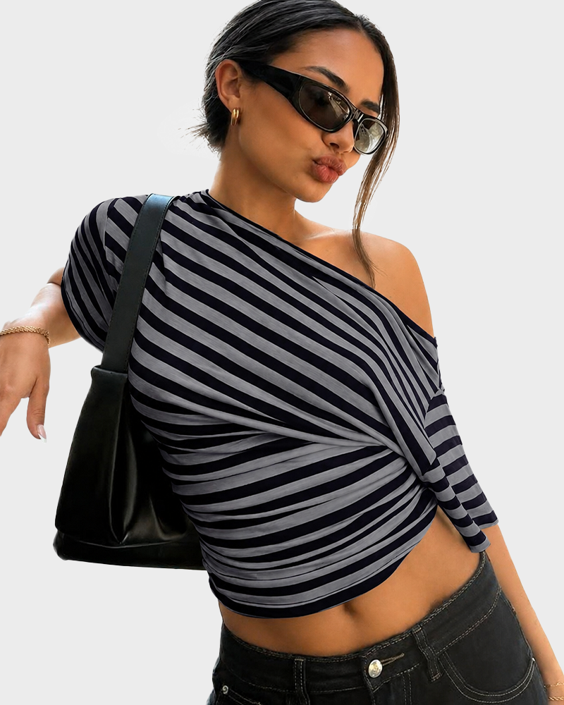 Asymmetrical One Shoulder Striped Asymmetrical Short Sleeve Top
