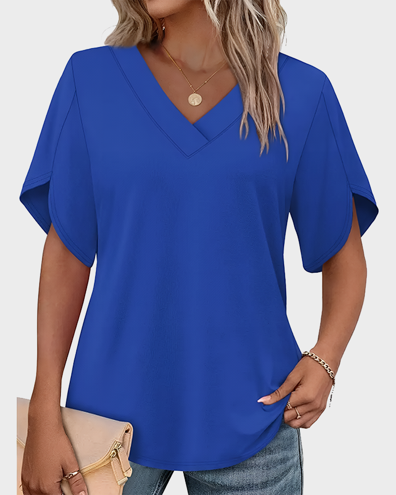 Women's Summer V Neck Short Petal Sleeve Blouse Casual Fashion Top