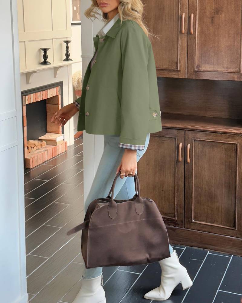 Women's Cropped Trench Coat Style Oversized Checkered Lining Jacket