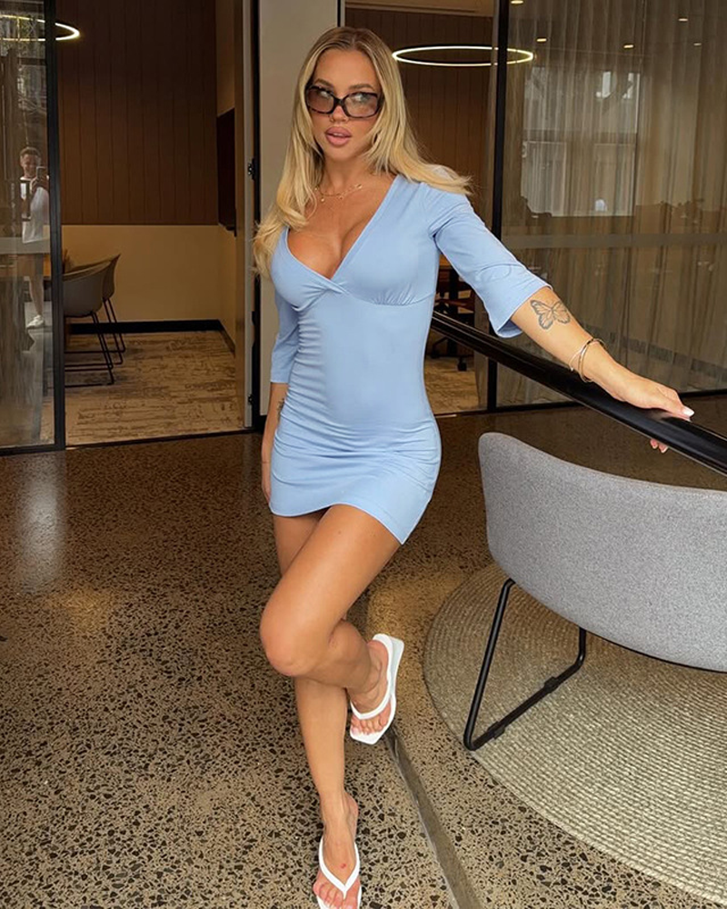 Women's Solid Deep V Neck Half Sleeve Ruched Bodycon Mini Dress