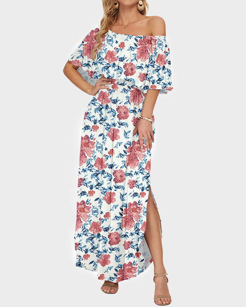 Women's Off The Shoulder Long Ruffle Maxi Dress with Pockets
