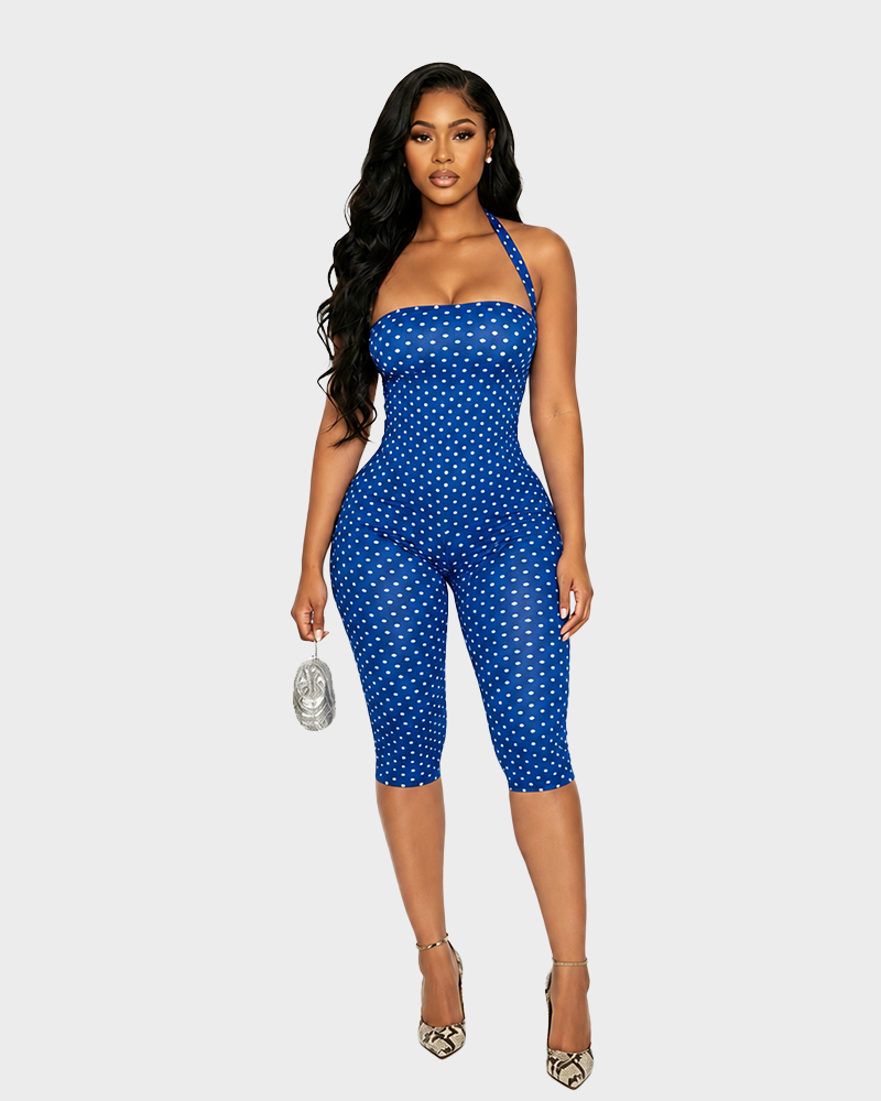 Women's Polka Dot Sleeveless Halter Bodycon Jumpsuit