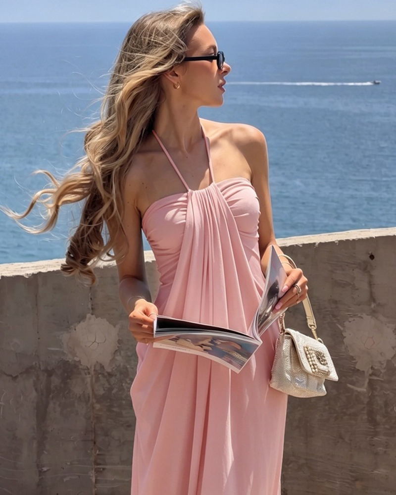Strapless Halter Neck Sexy Backless with Pockets Tie Back Maxi Dress