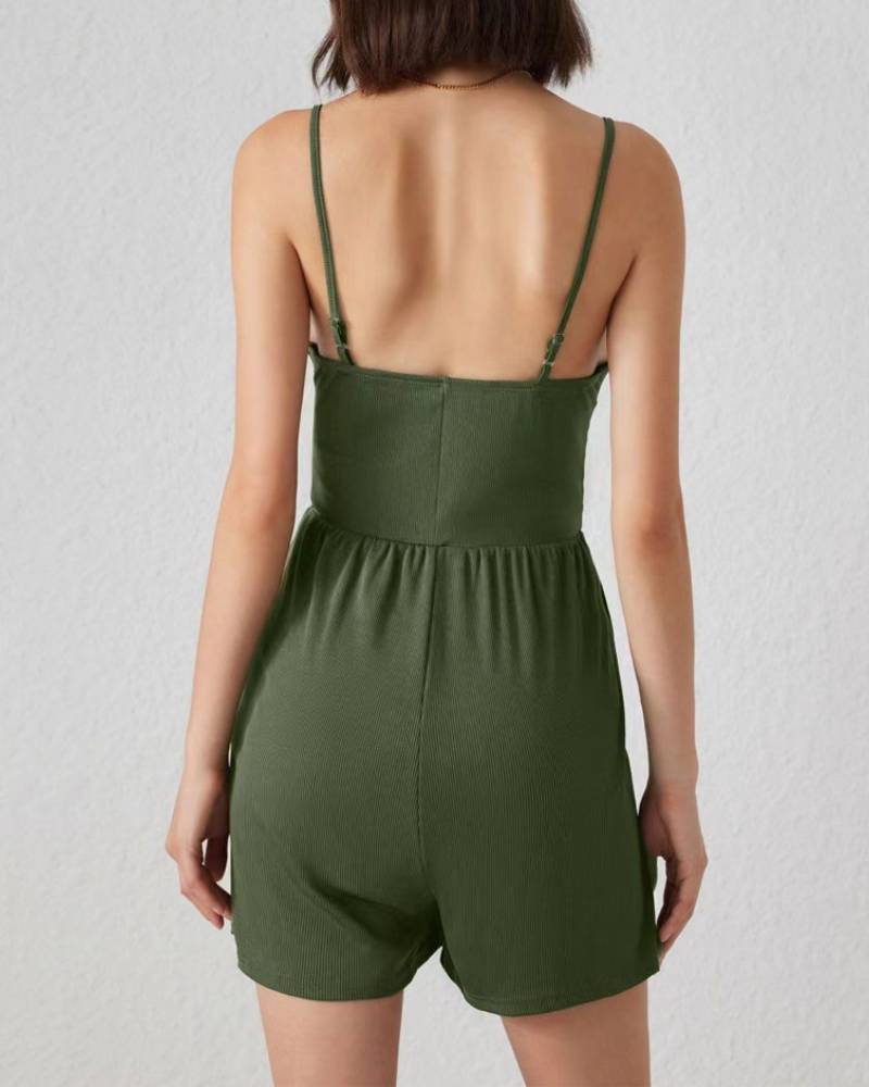 Women's Knitted Backless Cami Romper Adjustable Spaghetti Strap Wide Leg