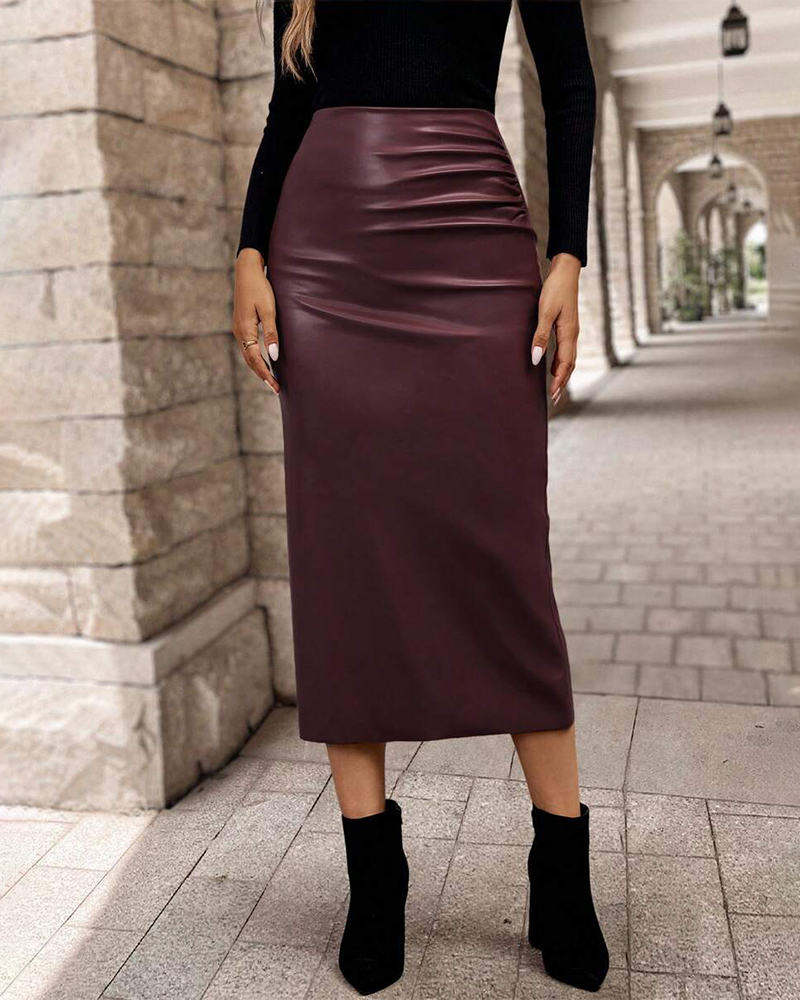 Women's Solid Color PU Leather Pleated A-Line Maxi Skirt