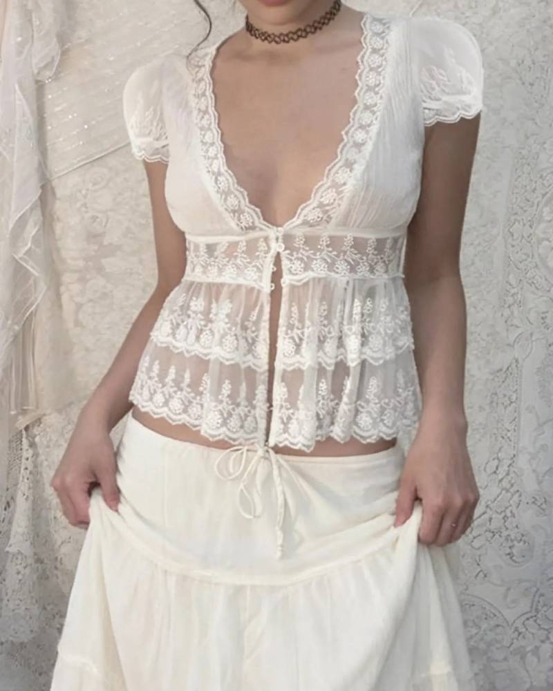 Y2K Lace Patchwork V Neck Top Sleeve Pleated Layered Cute Retro Blouse